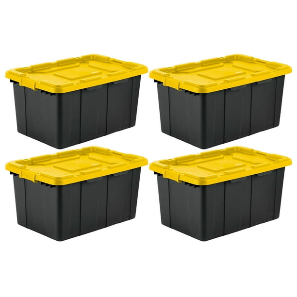 Sterilite 27 Gallon Industrial Storage Tote and Lid, Black/Yellow, 4 Ct