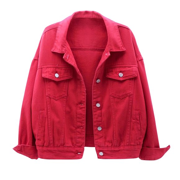 IROINID Veste Courte en Denim pour Femme Veste Col à Revers Couleur Unie Manches Longues Confortable Manteaux de Printemps et d'Automne Chaude Veste en Denim Manteau, Rouge