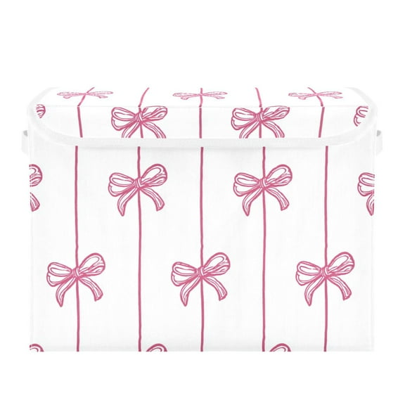Pink Bows Hand Painted Lines Foldable Storage Bin with Lid and Handle Collapsible Storage Box 16.5 x 12.6 x 11.8 inches