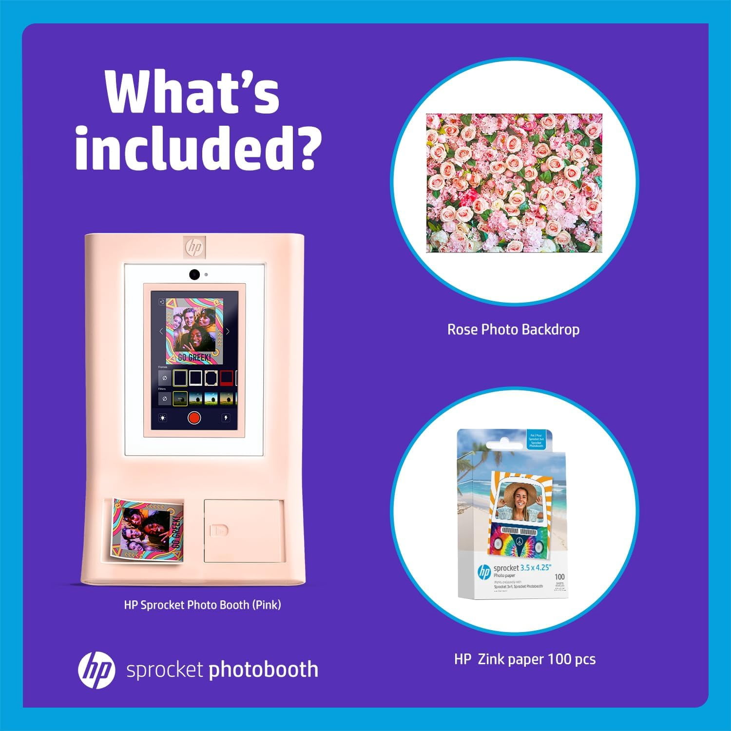 HP Sprocket Photo Booth Printer Kit (Pink), Color Instant Prints, 100 Zink Paper, Roses Photo Backdrop