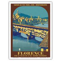 Florence Italy - FIRENZE Ponte Vecchio - Paris-Lyon-Méditerranée (PLM) River Arno - Vintage Travel Poster by Roger Broders c.1921 - Master Art Print (Unframed) 9in x 12in