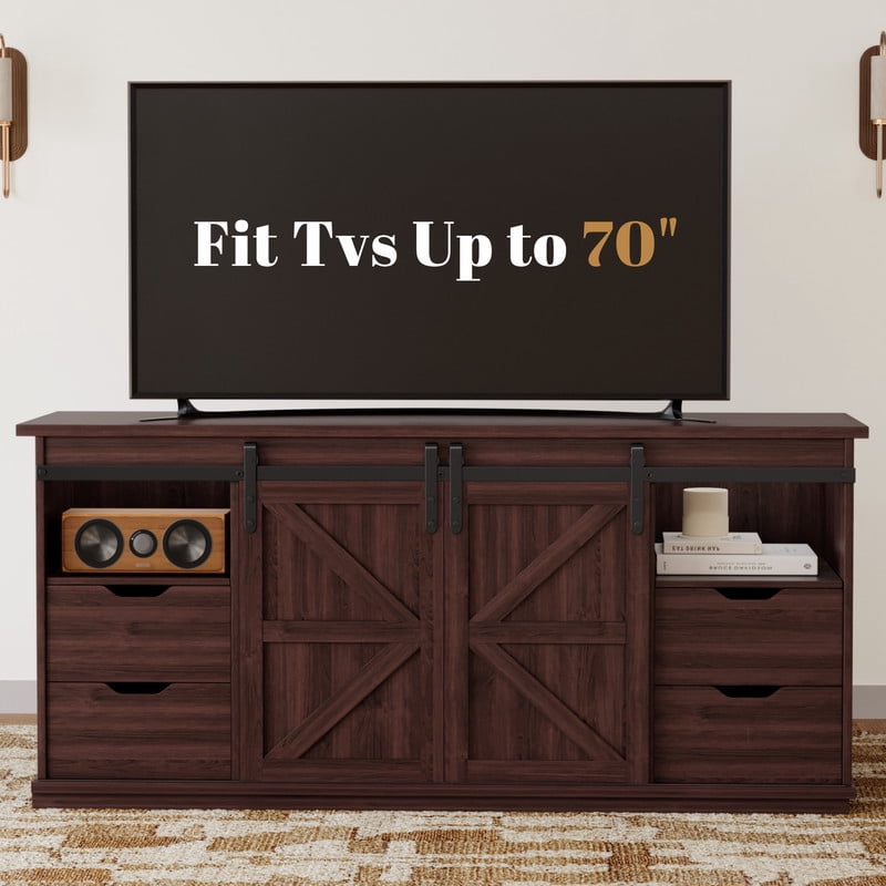 Vineego 70 inch Farmhouse TV Stand for Living Room, Entertainment Center with Sliding Barn Doors & 4 Storage Drawers, Adjustable Shelves Rustic Media Console for Bedroom,Brown