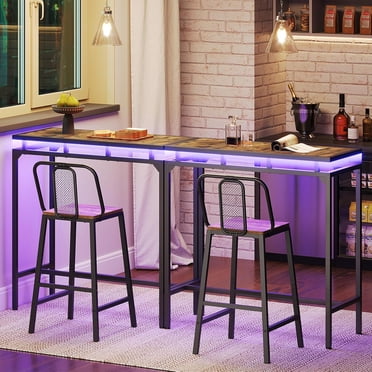 Bar Table with LED Lights, Counter Height Pub Gaming Table for Living Room Dining Room Rustic Brown and Black