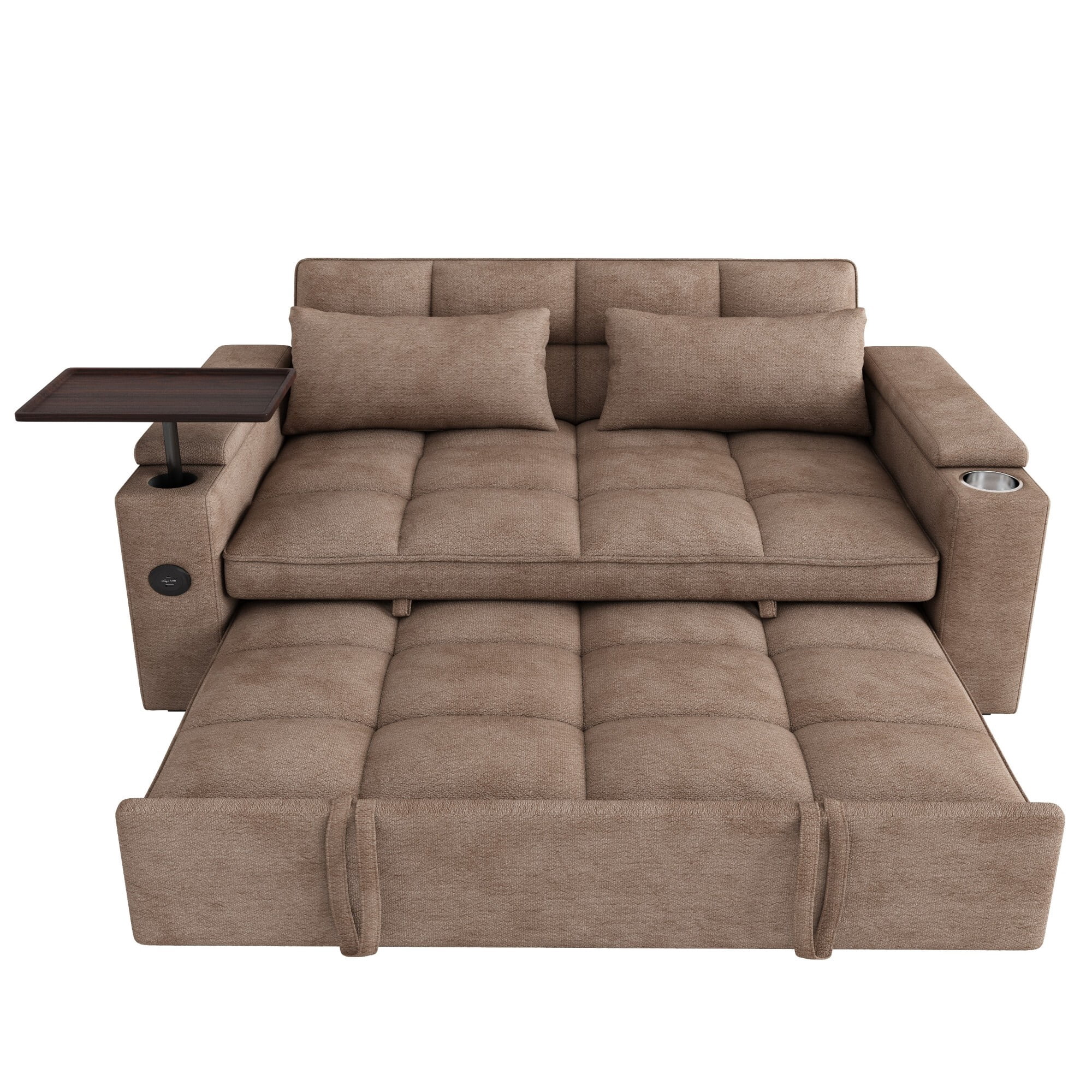 DEALTOPS 65" 3-in-1 Sleeper Sofa Bed, 3-Position Pull Out Couch with 90° Swivel Table, USB & Storage, Chenille, Brown