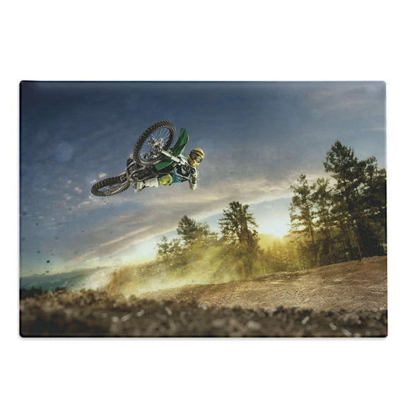 Teen Room Cutting Board, Man on the Bike Racing in Earth Path Nature and Exotic Sports Success Theme Image, Decorative Tempered Glass Cutting and Serving Board, Large Size, Multicolor, by Ambesonne