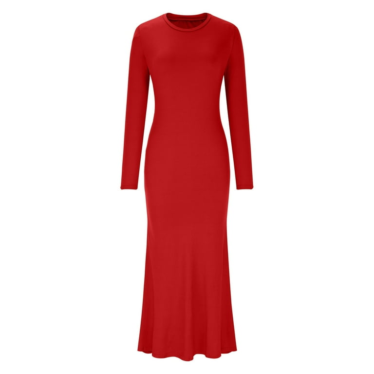 qolati Holiday Dresses for Women Trendy Stretchy Solid Crew Neck Lounge  Long Dress Elegant Long Sleeve Bodycon Maxi Dresses