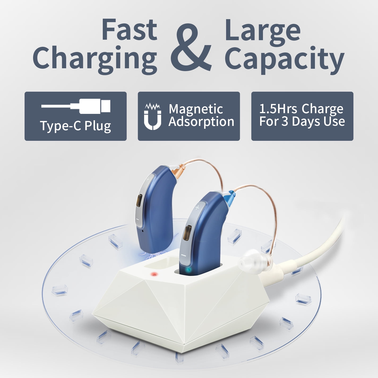 Delmicure Hearing Aids for Seniors, 32-Channel Digital Hearing Aid, 4-Mode, Rechargeable, VHP-1804, Blue, Pair