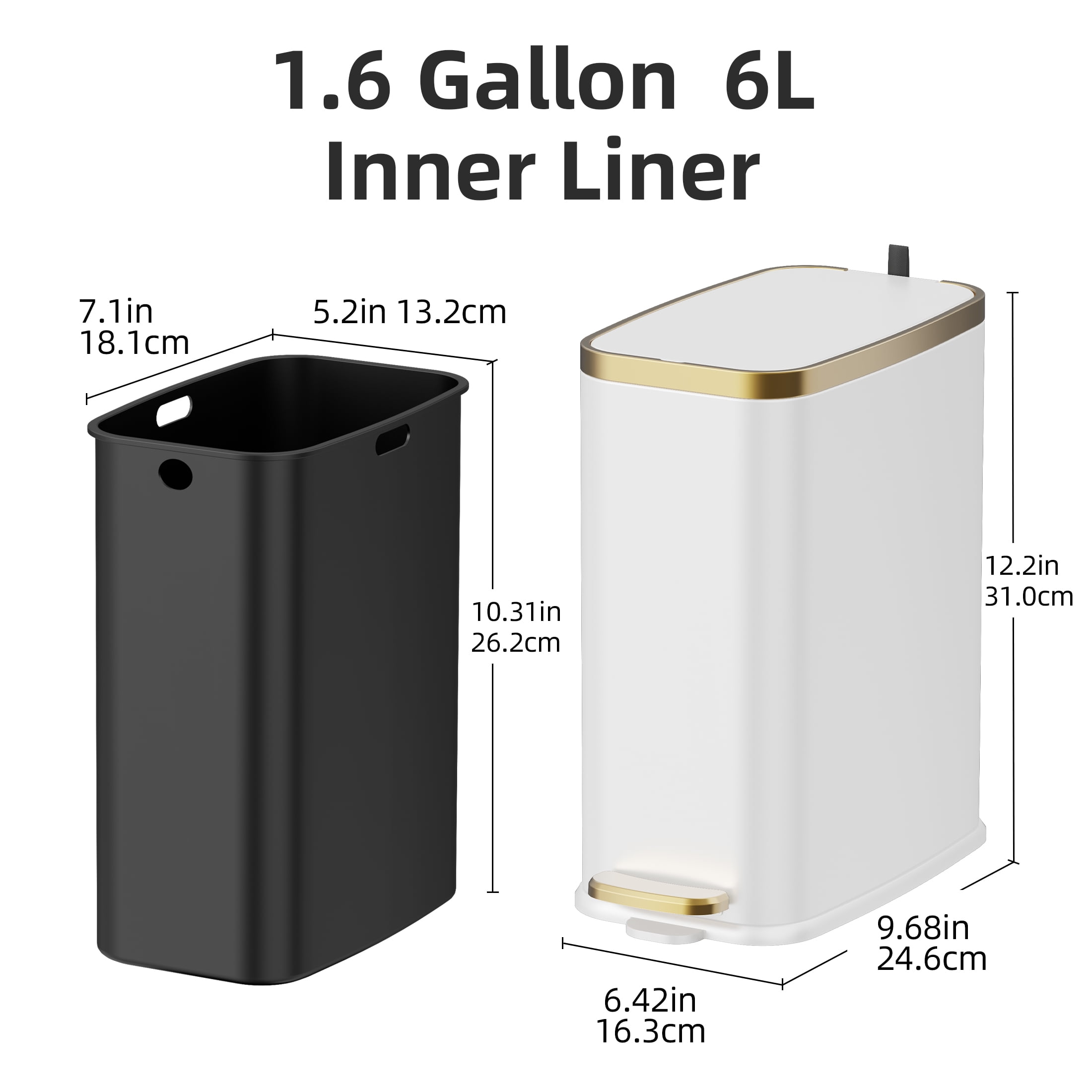 KSSKSS 1.6 Gallon/6L Slim Stainless Steel Bathroom Trash Can with Lid, Soft-Close Small Garbage Bin for Narrow Spaces, White