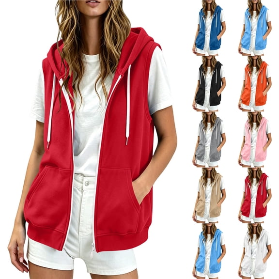 Otntypg Womens Full Zip Up Hoodie Vest Oversized Sleeveless Lightweight Drawstring Hooded Pullover Sweatshirts Fall Casual Loose Fit Jackets with Pockets