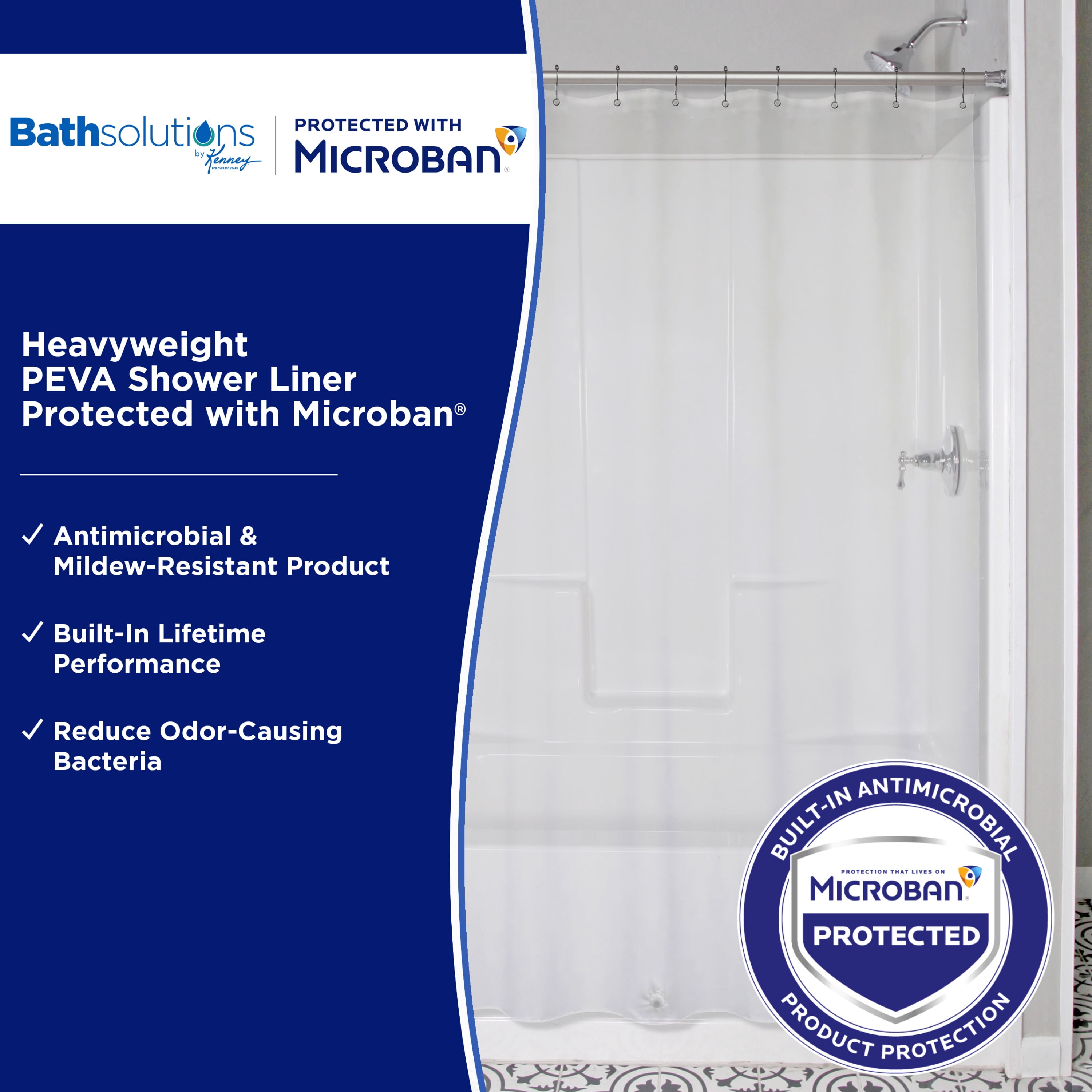 Kenney Microban Protected Heavyweight PEVA Shower Liner, 70" W x 72" H, Clear