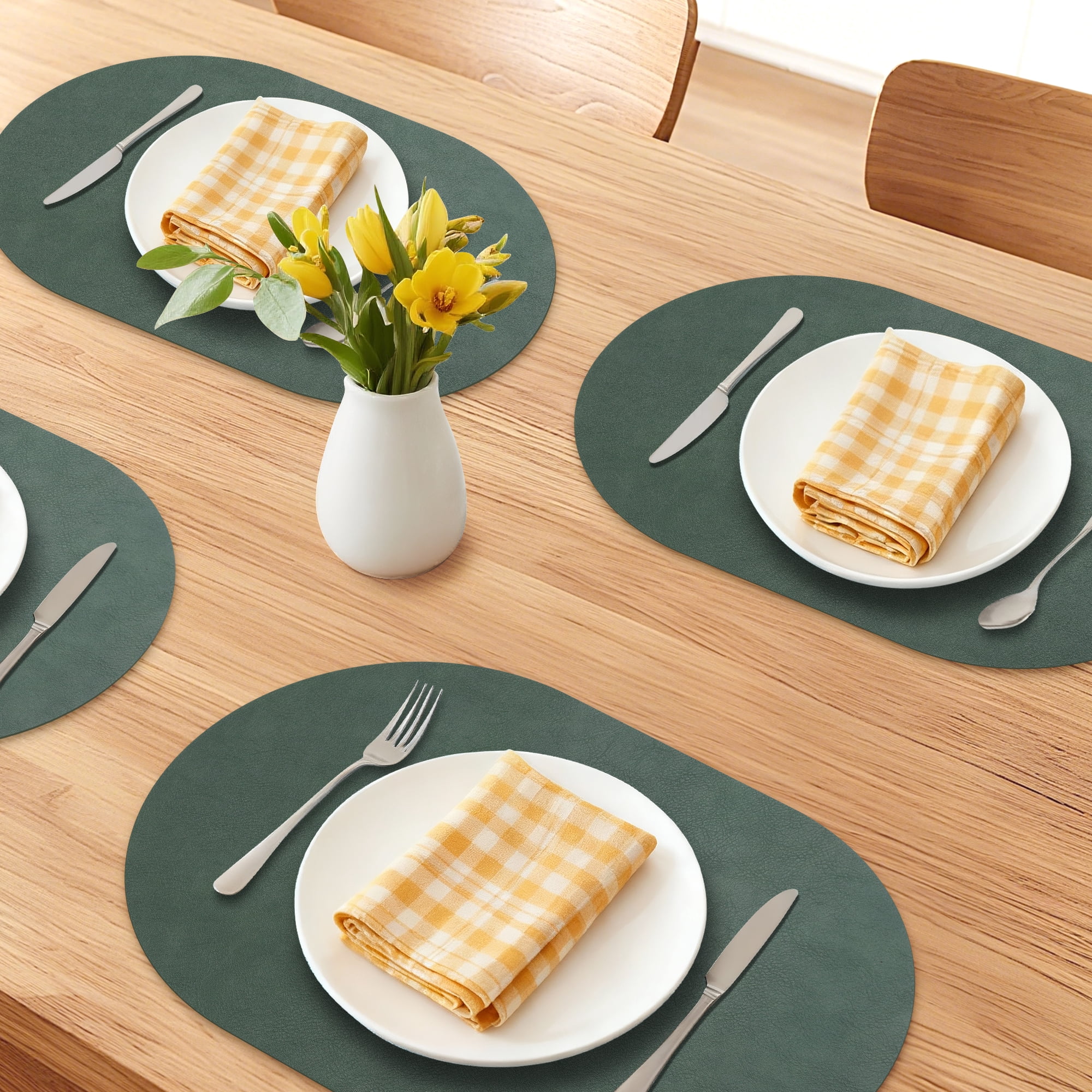 Unique Bargains 6pcs Oval Table Mats for Kitchen Green/Gray 17.3"x11.8"