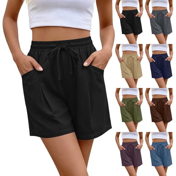 Crunowin Women’s Cotton Blend Casual Shorts Breathable Comfortable Shorts with Adjustable Drawstring and Functional Side Pockets Black Size M