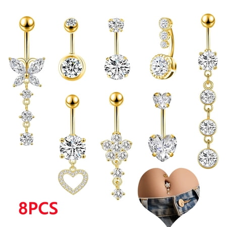 8PCS Belly Button Rings for Women 14G Dangle Navel Piercing Jewelry Set Surgical Steel Body Jewelry