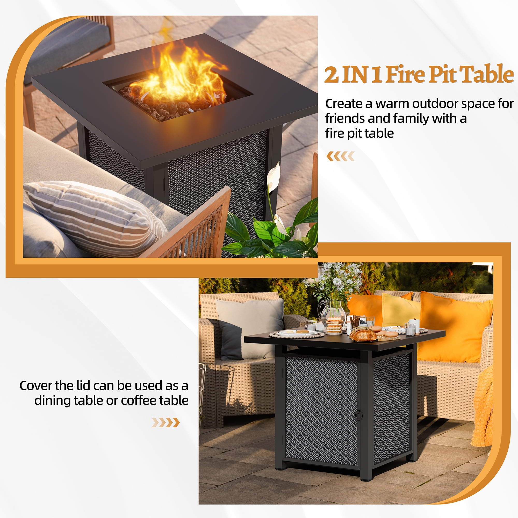 Walsunny 28" Propane Gas Fire Pit Table 50,000 BTU Square Outdoor Table with Removable Lid & Waterproof Cover