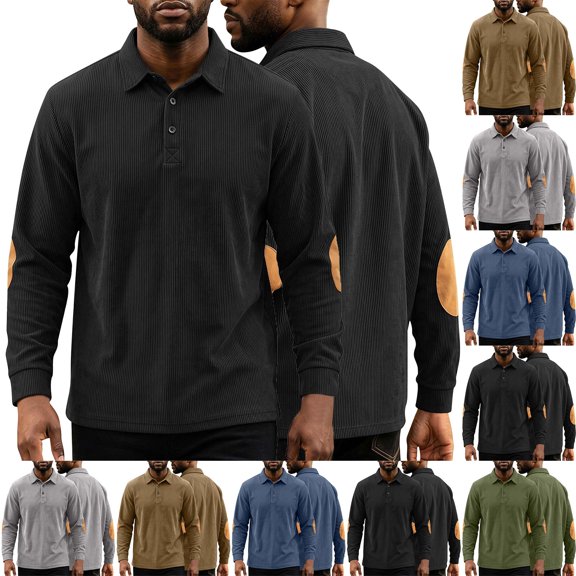Aimik Corduroy Polo Shirts for Men Long Sleeve Elbow Patch Turndown Collar Casual Work Shirts Fall Winter Durable Button Down Collared Tee