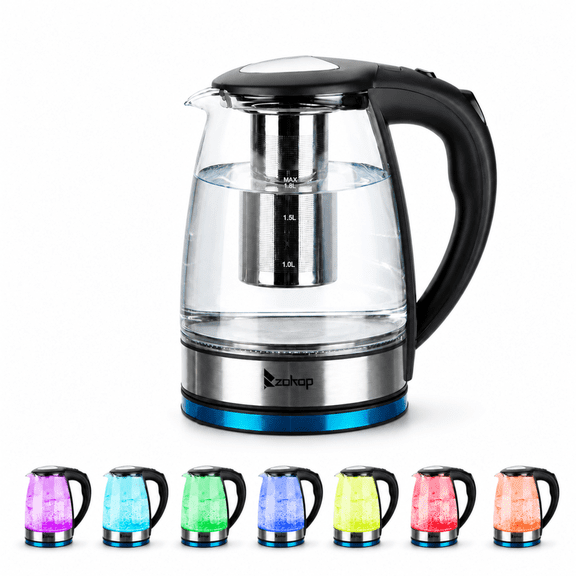 Alvantor 1.8L Electric Glass Kettle with Tea Infuser, Coffee Pot with 7-color LED Light, Auto Shut-off, Boil-dry Protection