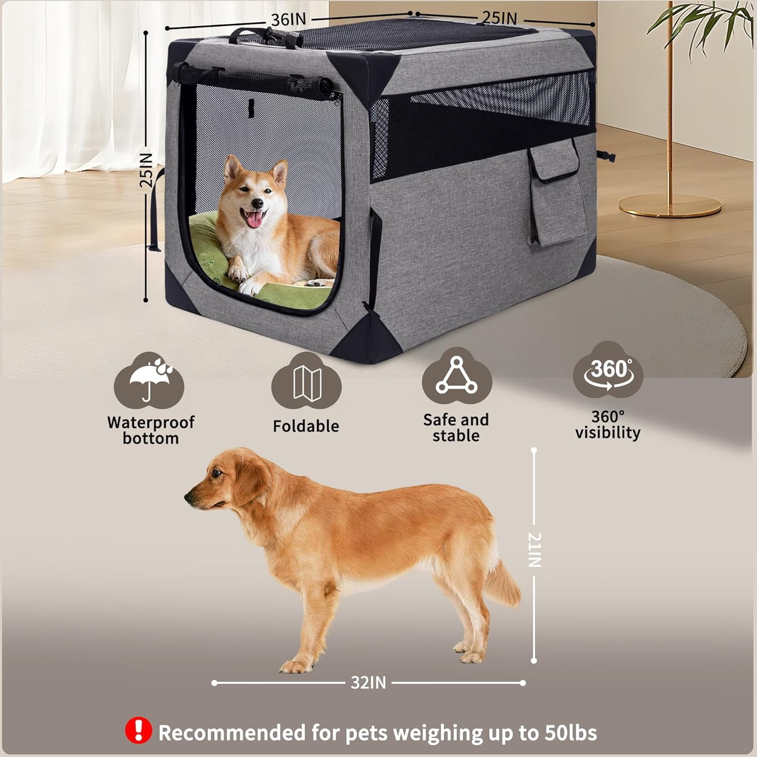 36 Inch Collapsible Soft Dog Crate with Chew Proof Mesh for Large Dogs