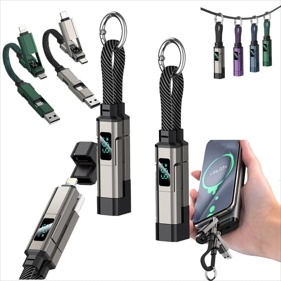 4-in-1 Digital Display Keychain Charging Cable – 2 Pack 65W Fast Charging Multi Charger Cord, Short Travel Cable for Phone, Tablet, Laptop, 40Gbps Data Transfer