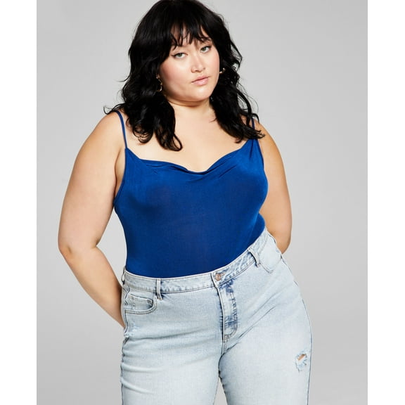 Trendy Plus Size Cowl Neck Bodysuit Navy Peony 1X