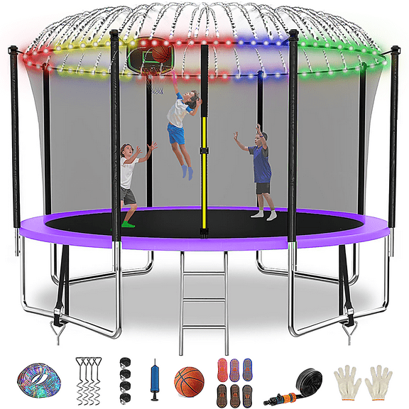 FIZITI Trampoline with Enclosure Net,Basketball Hoop,1500LBS 12FT 14FT 16FT Trampoline for 5-6 Kids Adults with Light,Sprinkler, Socks,Outdoor Heavy Duty Round Trampoline
