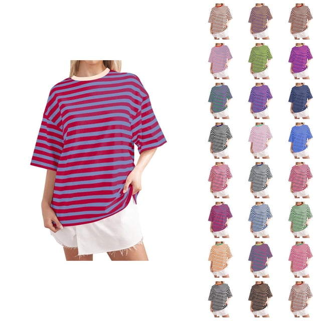 T-shirts Rayés pour Femmes 2026 Été à la Mode Manches Courtes Col Rond Confortables Légers