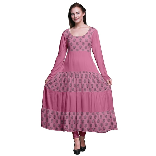 Bimba Kurtis Anarkali Rose Pâle à Blocs Imprimés à Manches Longues pour Femmes Kurta Ethnique Robe Maxi Grande
