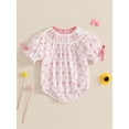 thumbnail image 2 of Suealasg Baby Girl Romper Short Sleeve Letter Embroidery Bow Print Smocked Bodysuit Newborn Summer Playsuit Clothes, 2 of 8