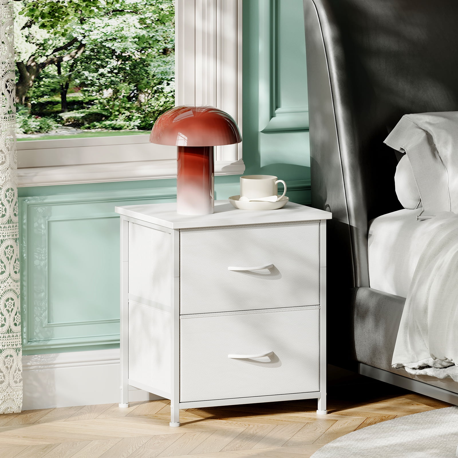 Eunos White Small Nightstand for Bedroom with 2 Fabric Drawer, Bedside Table End Table for Closet