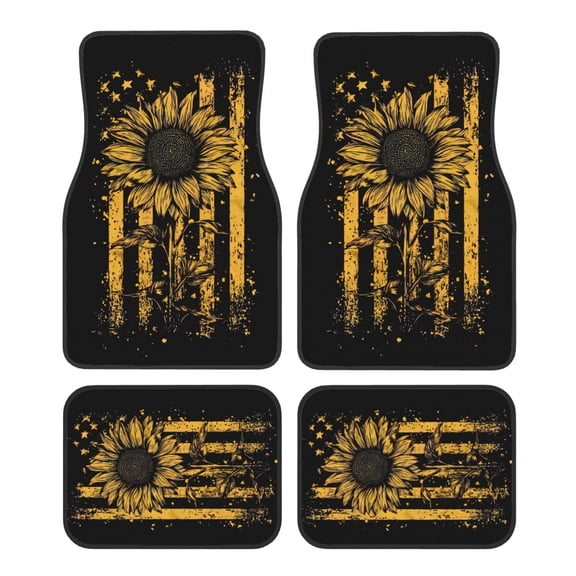 KAKALAD Sunflower American Flag 04 Car Floor Mats 4PC Set Carpet Protection, Universal Fit for Car SUV VA & Truck, Vehicle Front & Rear