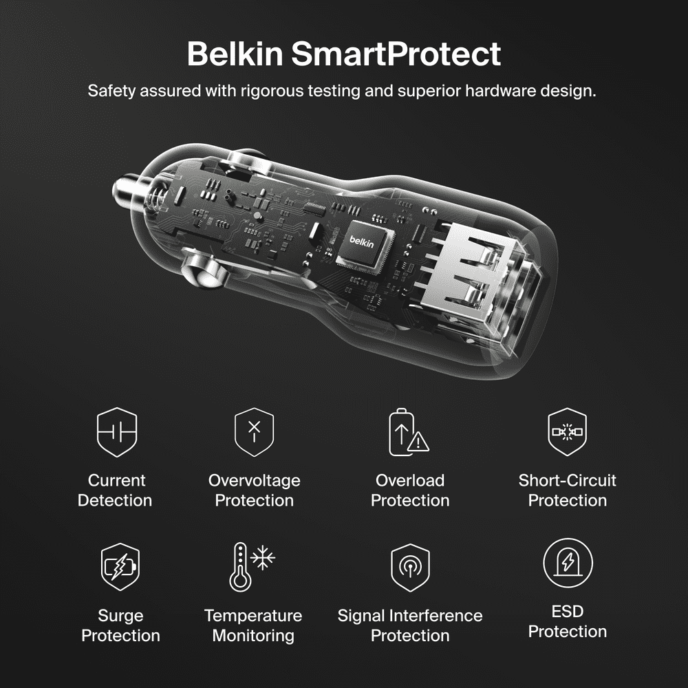 Belkin BoostCharge 42-Watt Dual Port Fast Car Charger w/30W USB-C & 12W USB-A Ports for iPhone 16, 16 Pro, Galaxy S25, S24, Pixel 9 & 8, Nintendo Switch 2 & More - Gray
