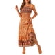 thumbnail image 2 of Vestido Boho de Mujer Inspire Chic con Mangas Cortas Abullonadas, Off-Shoulder, Floral, Smocked, Maxi, Naranja, XL, 2 of 6