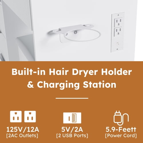 Modern Vanity Desk Set with LED Lighted Mirror, 3 Lighting Modes, Adjustable Brightness, 4 Drawers, Open Storage Shelves, Power Outlet & Hair Dryer Holder, Dressing Chair, White