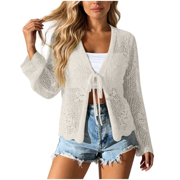 dazeni Women's Tie Front Cardigan Lightweight Hollow out Long Sleeve Beach Cover up Tops Summer Lightweight Crochet Bolero Shrug for Sleeveless Dress White