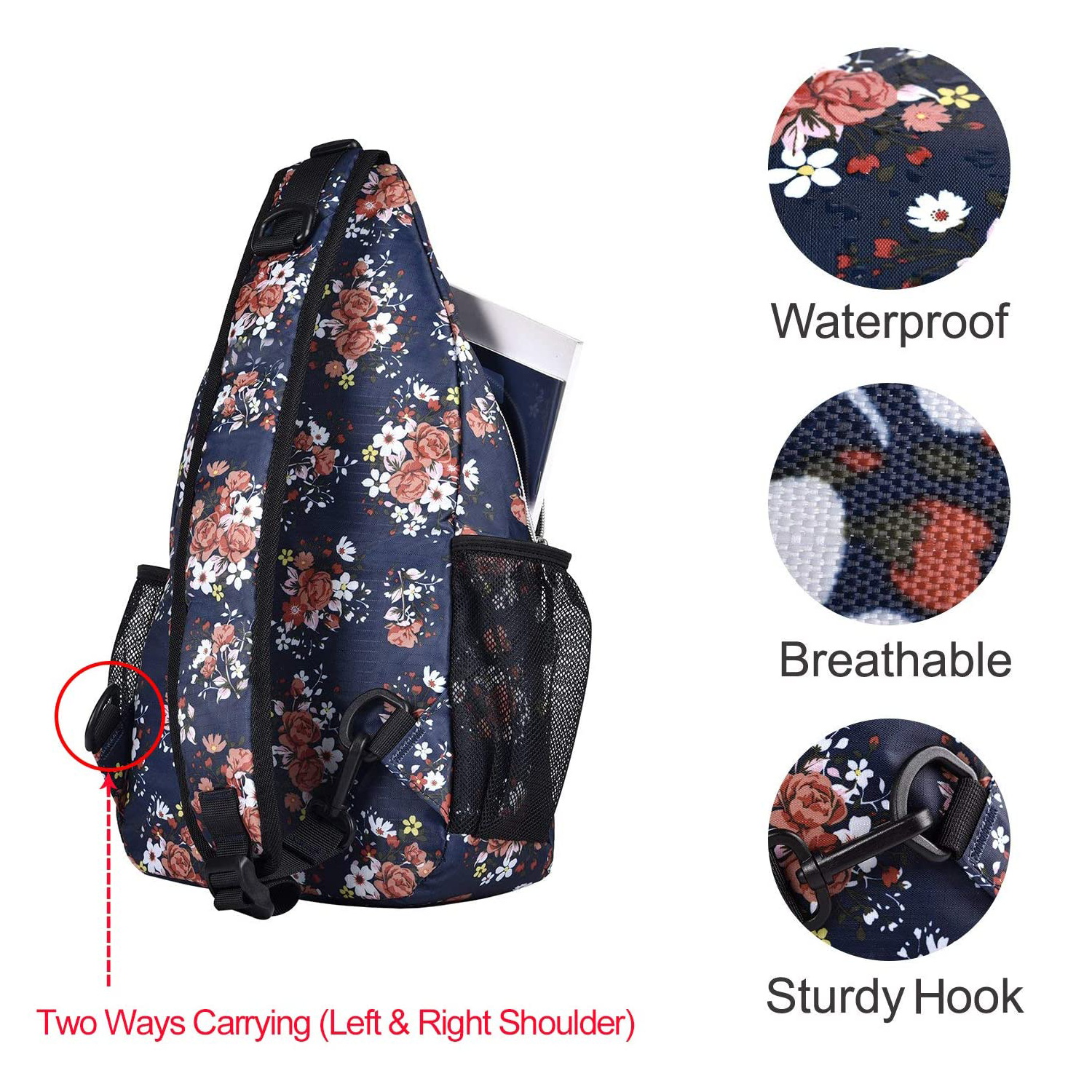 Mosiso Polyester Sling Bag Backpack Travel Hiking Outdoor Sport Crossbody Shoulder Bag Multipurpose Daypack for Women Men, Navy Blue Base Floral - image 4 of 6