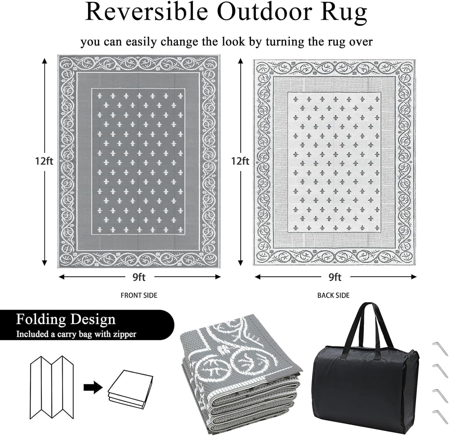 Findosom 9'x12' Gray Large Outdoor Rug Outdoor Mat RV Outdoor Rug Reversible Plastic Straw Rug Patio Rug Waterproof Foldable Portable Camping Rug for RV, Patio, Backyard, Deck, Picnic, Beach, Trailer