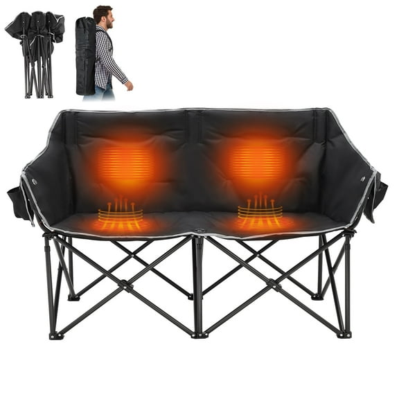 Slsy Heated Double Camping Chair, 2-Person Heated Folding Chairs for Outdoor Sports w/ 3 Heat Levels & 4 Heating Zones, Patio Lounge Chairs Folding Camping Chair Supports 550 lbs
