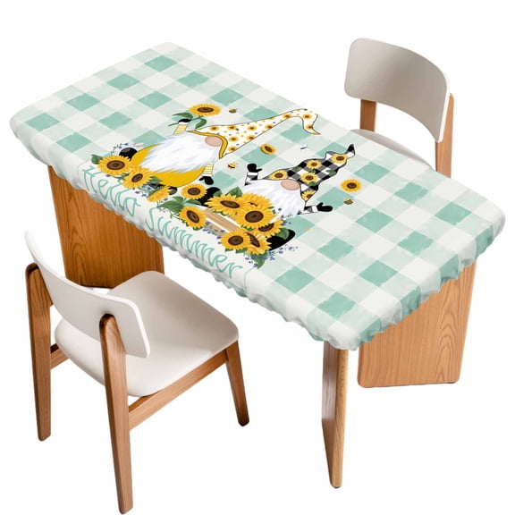 Yellow Sunflower Table Cloths for 3 Foot Rectangle Tables, Gnomes Teal Checkered Farmhouse Art Patio Waterproof Elastic Fitted Tablecloths, Washable Rectangular Table Cover for Camping