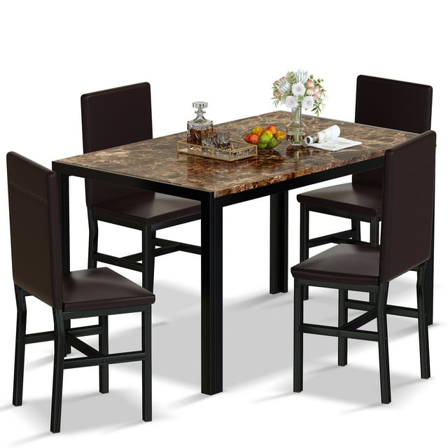 Stmoze 5 Pieces Dining Room Table Set, Modern Dining Table Sets with 4 Leather Upholstered Chairs, Faux Marble Rectangle Kitchen Table Set for Bar Living Room Breakfast Nook Small Space, Brown