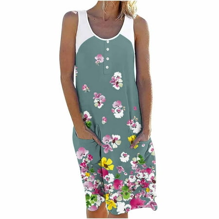 

asdoklhq Maternity Dress Women s Casual Summer Tank Sleeveless Knee Length Pleated Sun Dresses With Poket Print Dress