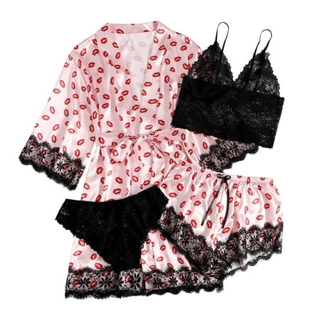 GZWYHT Silk Pajamas Clearance Robes for Women Women s Placket Silk Night Lingerie Women s Tops And Shorts Casual Lips Print Sleepwear Nightdress Bath Robe Women S Sleepwear  Pink S