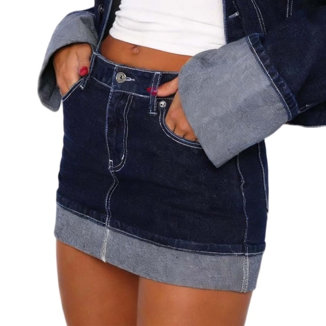 TaTaai Women Casual Stretchy Denim Skort New Cuffed Hem Short Skirt Button Pockets Zipper Fly Ladies Holiday Vacation Wear Comfortable Denim Skirt Gift
