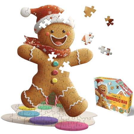 Madd Capp: I Am LiL' Gingerbread Man - 100 Piece Puzzle - Kids Holiday Cookie Shaped Jigsaw, 25x33", Poster Reference, Educational Fun Fact Booklet