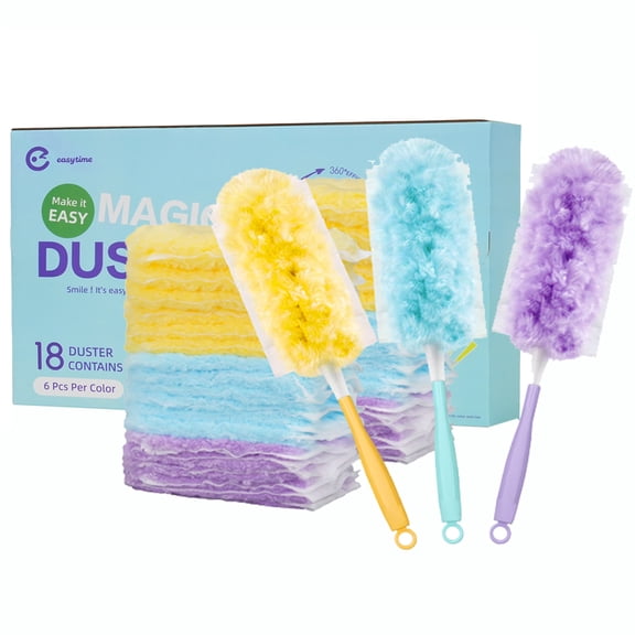 Heavy Duty Dusters, 18 Replaceable Multi-Color Duster Heads with 3 Removable Handles, Unscented Multi-Surface Disposable Dusting Tool for Furniture, Blinds, Ceiling Fans and Home Cleaning