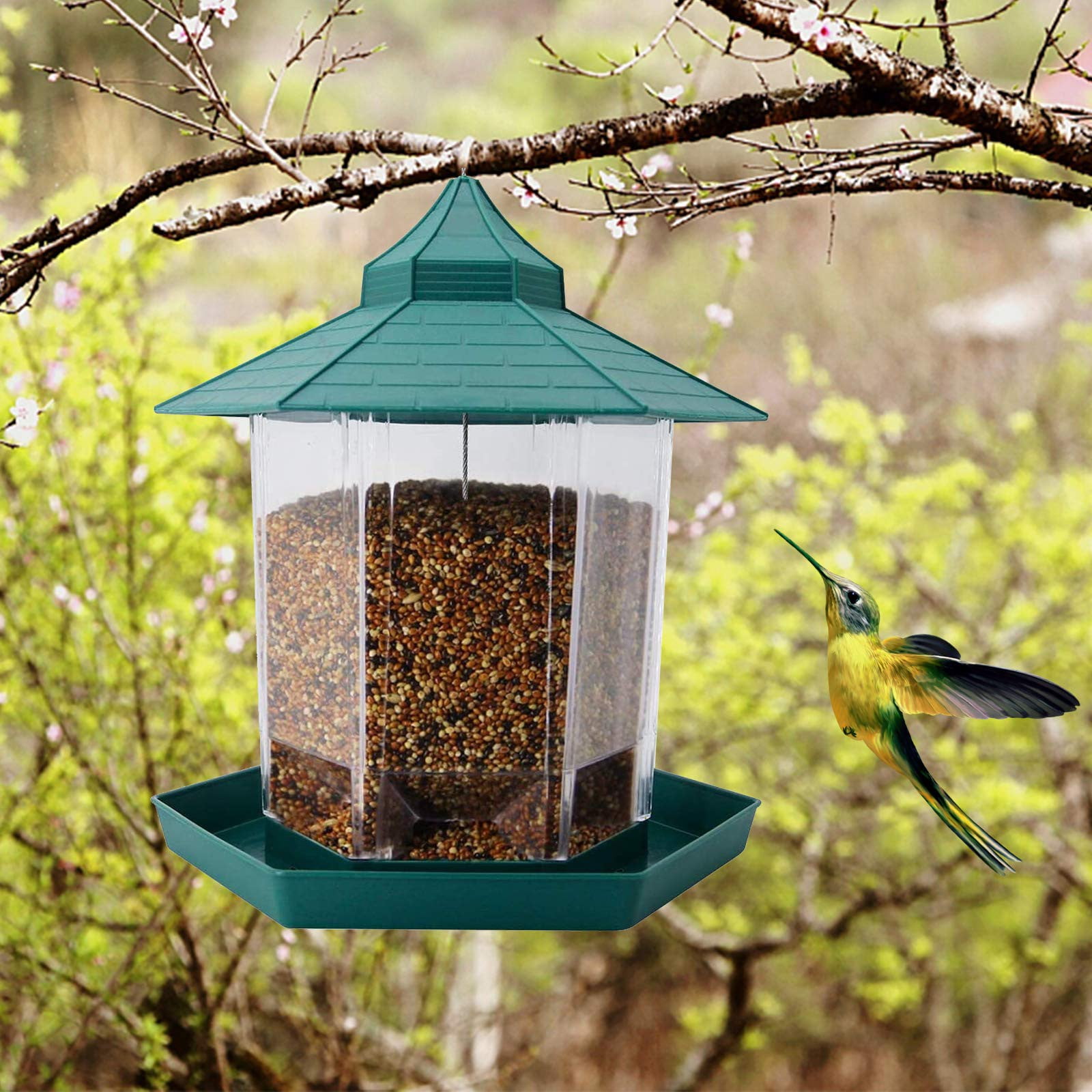 Bird Feeder for Outside Hanging,Bird Seed for Outside Wild Bird Feeders for Garden Yard Outdoor Decoration,Round Roof Design for Sun-Proof and Rainproof, Green