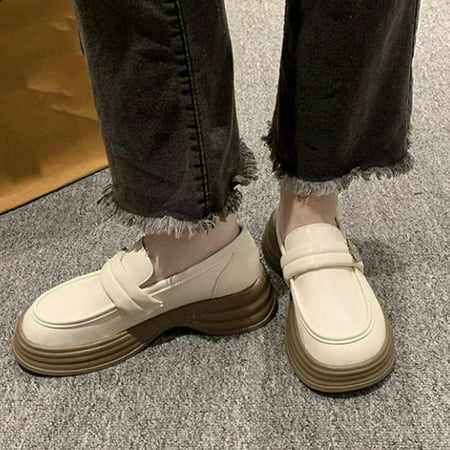 

WQJNWEQ Women s Flats Shoes Leisure Soft Leather Thick Bottom Loafers increase Height Single Shoes England Black Small Leather Shoes A Stirrups Shoes Comfort