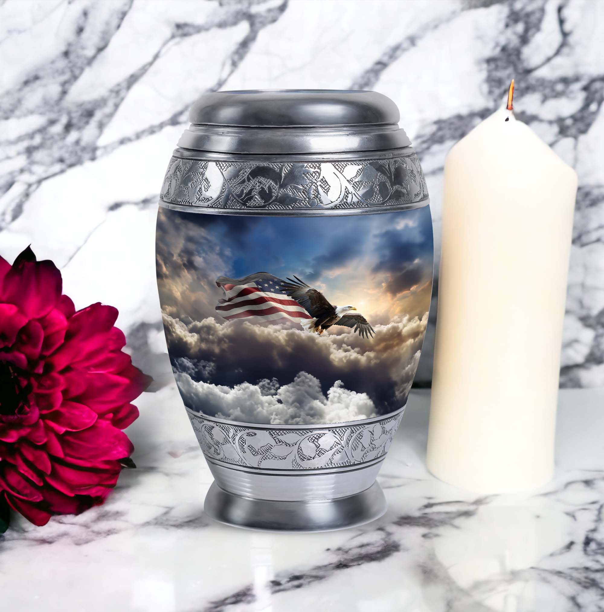 Eagle Flying In Clouds With Flag Timeless Urns - Burial Urn For Adult Female & Male - Memorial Gifts - Adult Urns For Human Ashes (Size -10inch)