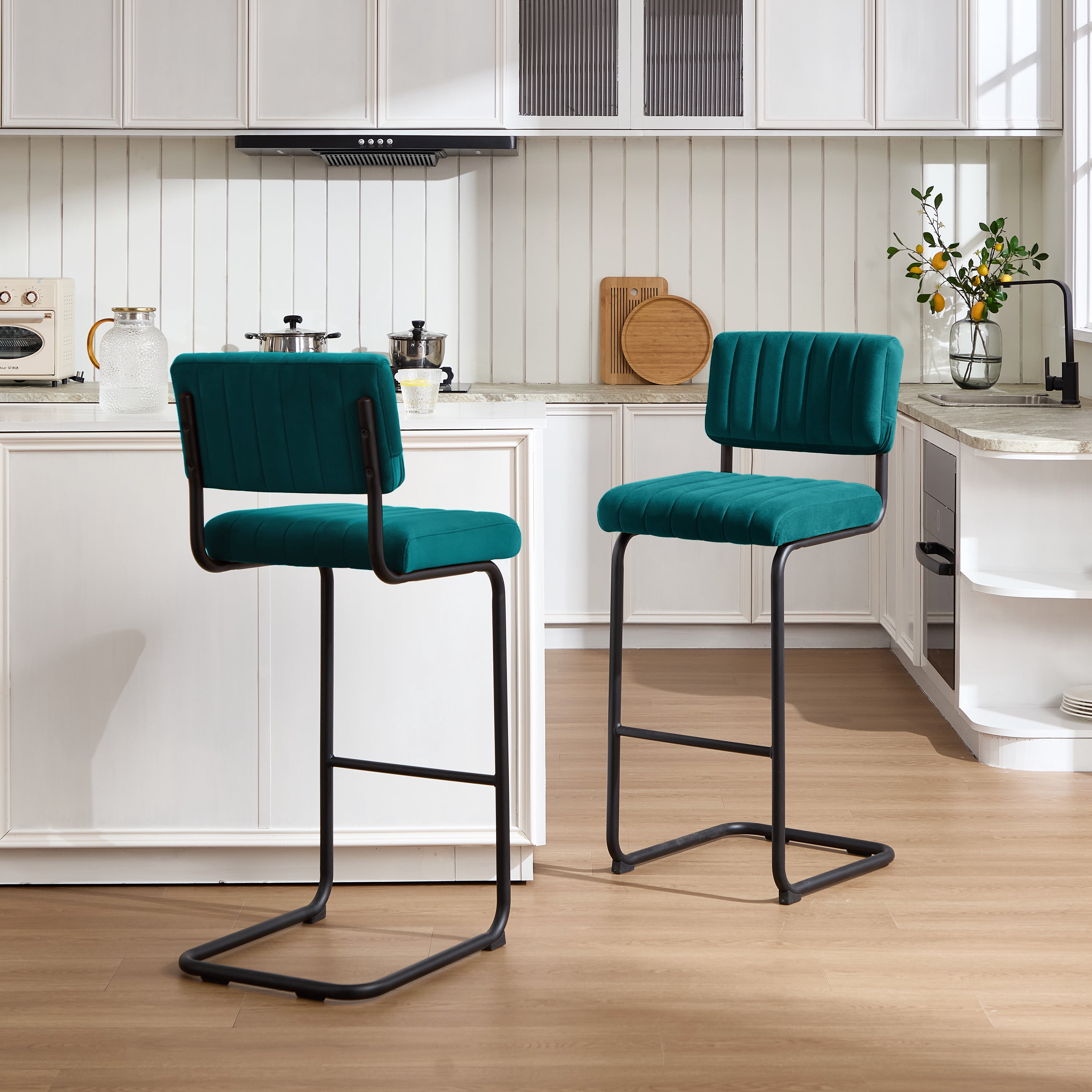 ONEVOG 30''H Bar Height Stools Set of 2, Morden Barstools with Velvet and Black Metal Legs, Upholstered Bar Stool for Kitchen Island, Teal