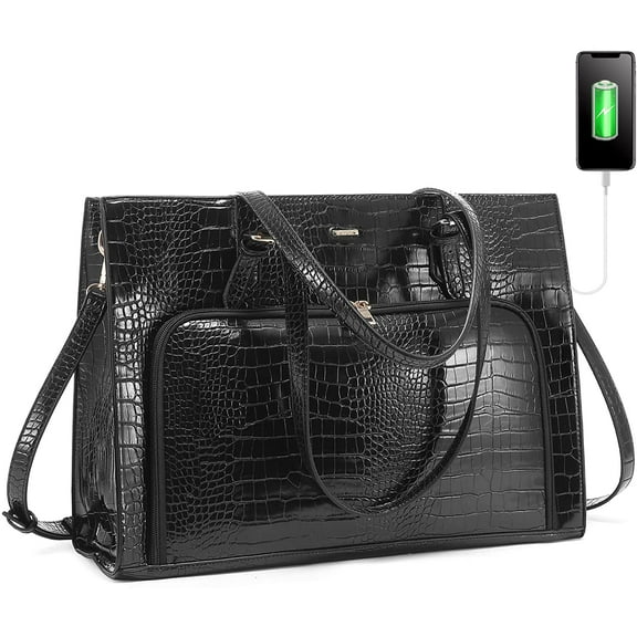 Laptop Bag for Women 15.6 inch Waterproof Work Tote Bag Briefcase with USB Charging Port PU Leather Computer Handbag Shoulder Bag Large Capacity