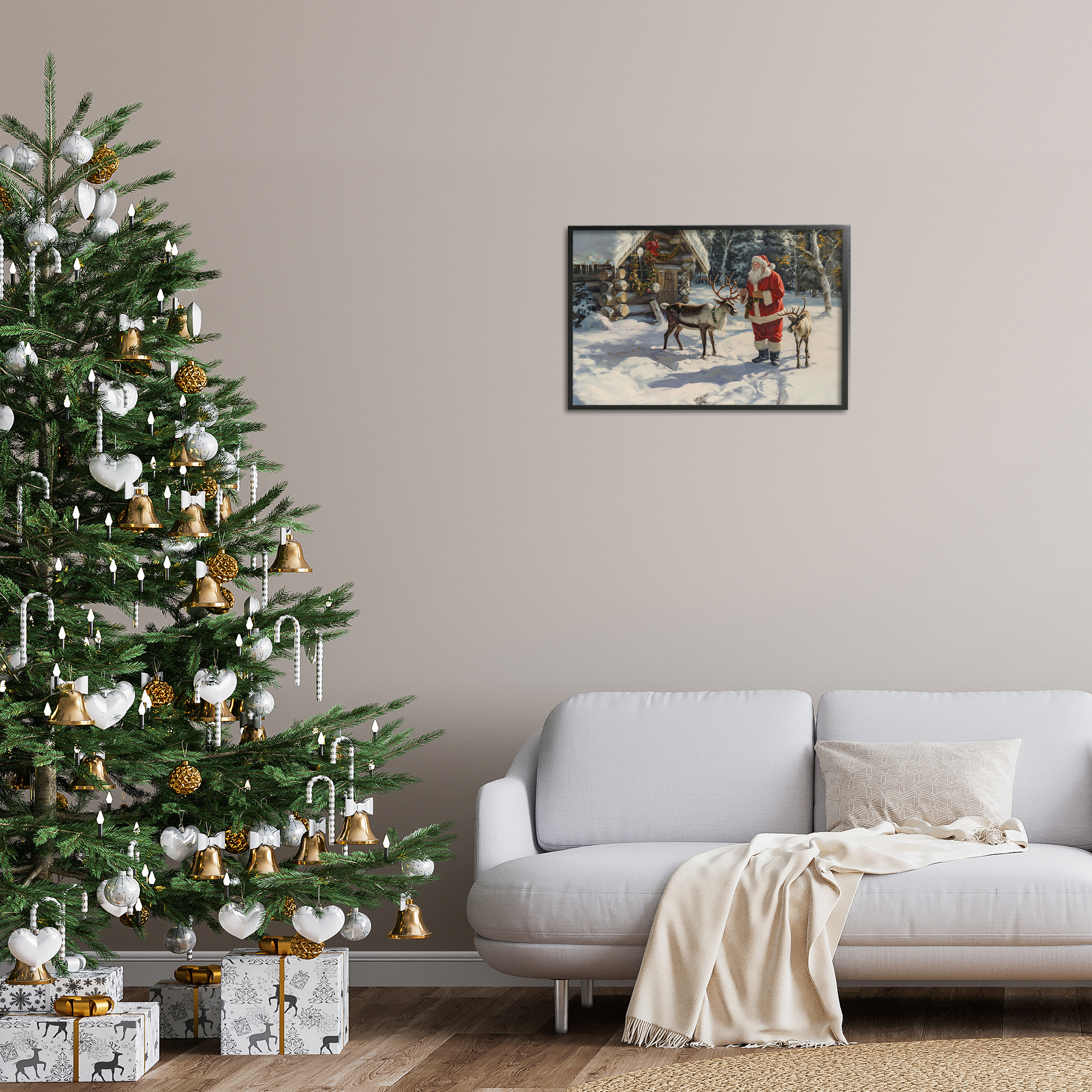 Stupell Industries Santa & Reindeer Scene Holiday Painting Black Framed Art Prints Wall Art, 24 x 16