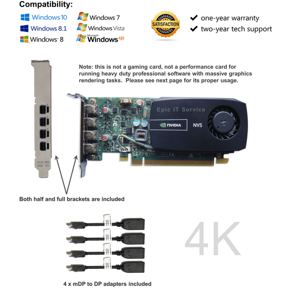 Epic IT Service - Quadro NVS 510 with Four Mini Displayports, Both Half and Full Brackets for Either SFF or Regular Full Size Computer (1 Year Warranty)